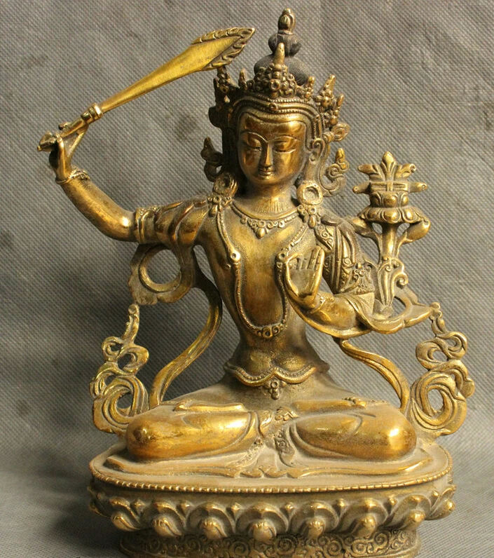 

Fast shipping USPS to USA S1397 8" Tibet Tibetan Bronze Gilt Buddhism Temple Manjushri Bodhisattva Joss Statue
