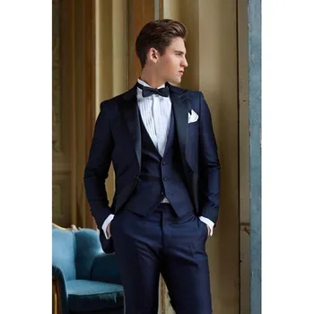 

2017 new Navy blue wedding men suit dresses slim fit mens suits jackets groom men's suits three formal suits terno masculino