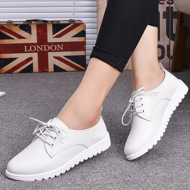White Shoes Women Flats Oxford Shoes Female White Genuine Leather Women