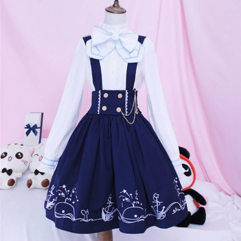 

High Waist-back Skirt + Navy Shirt Full Sets Two Pieces Lolita Costumes Sets Princess Skirt