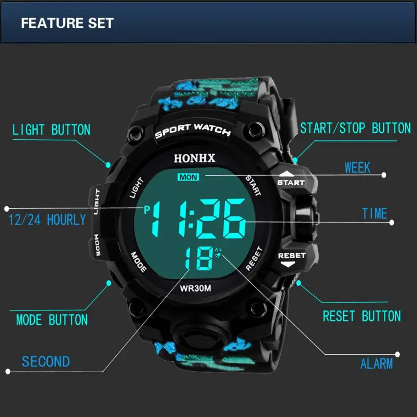 Новинка, Модные Повседневные детские Мужские Цифровые спортивные часы для мальчиков, светодиодный, детские наручные часы с будильником и датой, спортивные мужские часы, 30P