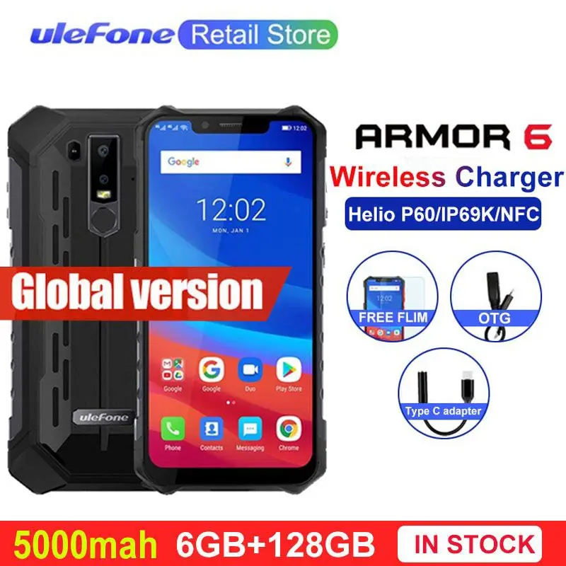 

Ulefone Armor 6 IP68 IP69K Waterproof Mobile Phones Android 8.1 6.2" Helio P60 6G+128G Face ID Wireless Charge Rugged Smartphone