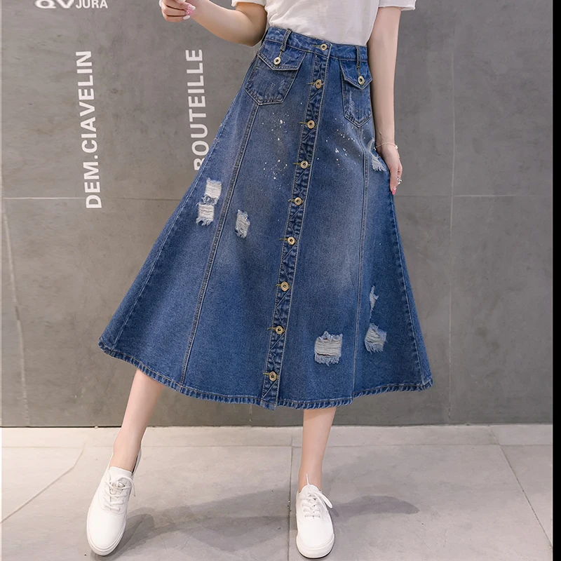 

Summer Front Button Denim Skirt Midi Long Ripped Jeans Skirt For Women High Waist Distressed Denim Skirt A Line