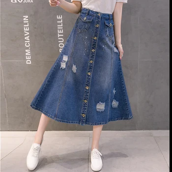 

Summer Front Button Denim Skirt Midi Long Ripped Jeans Skirt For Women High Waist Distressed Denim Skirt A Line