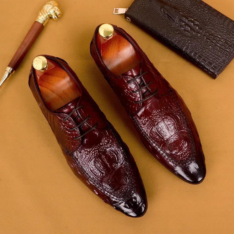 QYFCIOUFU/Новинка года; Мужские модельные туфли из натуральной кожи для мужчин; деловые туфли-оксфорды с узором «крокодиловая кожа» на плоской подошве с острым носком; размеры США 11,5