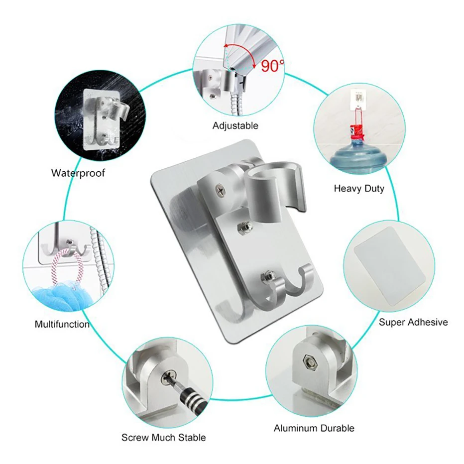 Регулируемый держатель для душевой головки настенный кронштейн с 2 крючками-вешалками, алюминиевый сверхмощный крепкий клей для ванной комнаты