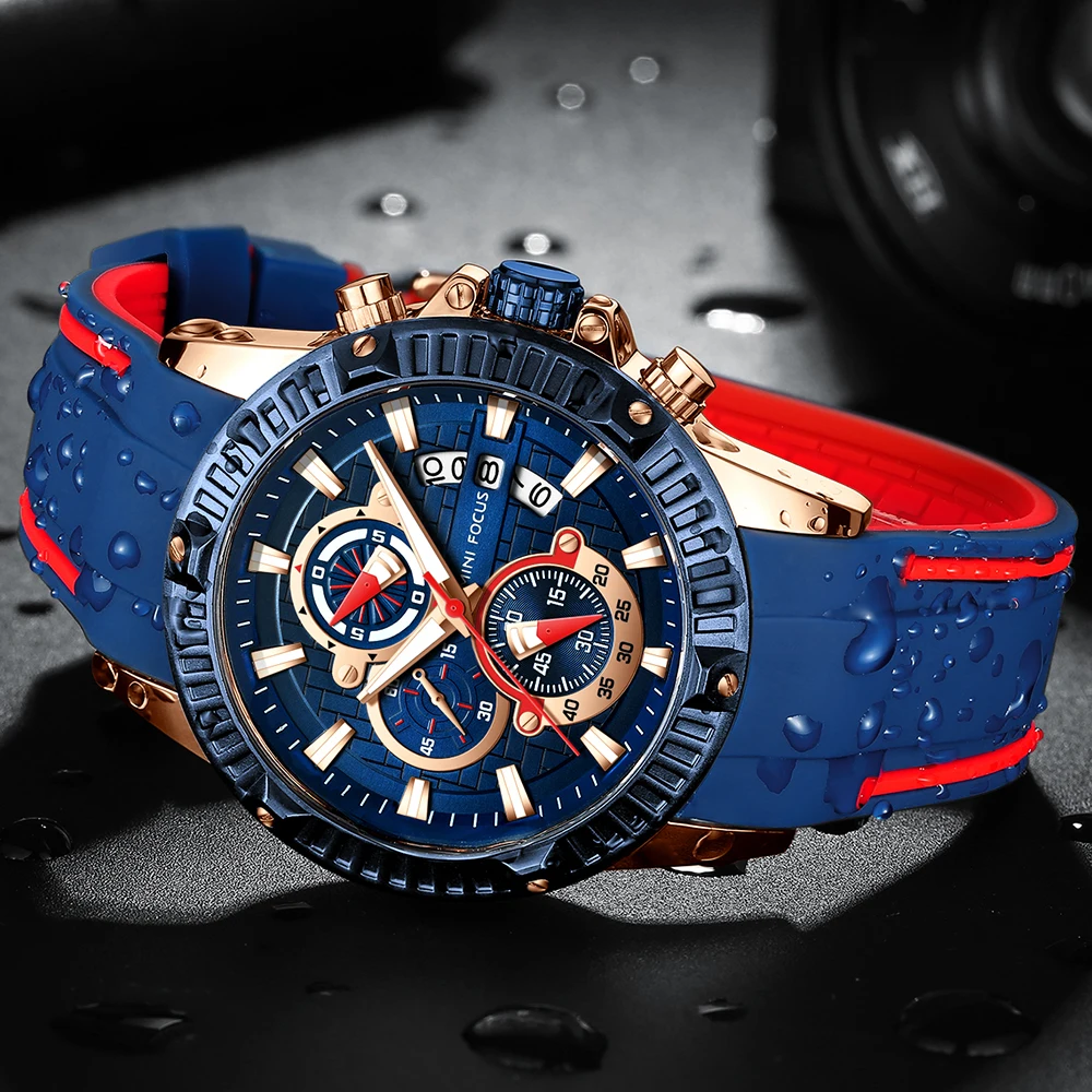 

MINI FOCUS 2019 Royal Blue Men Fashion Watch 3D Bolt Multi Function Sports Rubber Strap Top Brand Luxury Designer Analog Quartz