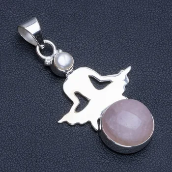 

Natural Rose Quartz and River Pearl Boho Style 925 Sterling Silver Pendant Necklace 2" R0828