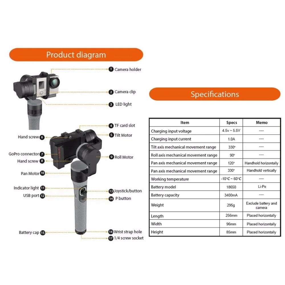 Puluz 3 оси спортивные экшн-камер Ручной Стабилизатор Gimbal Крепление челюсти w/TF для GoPro HERO5 4 сеанса HERO5 4 3