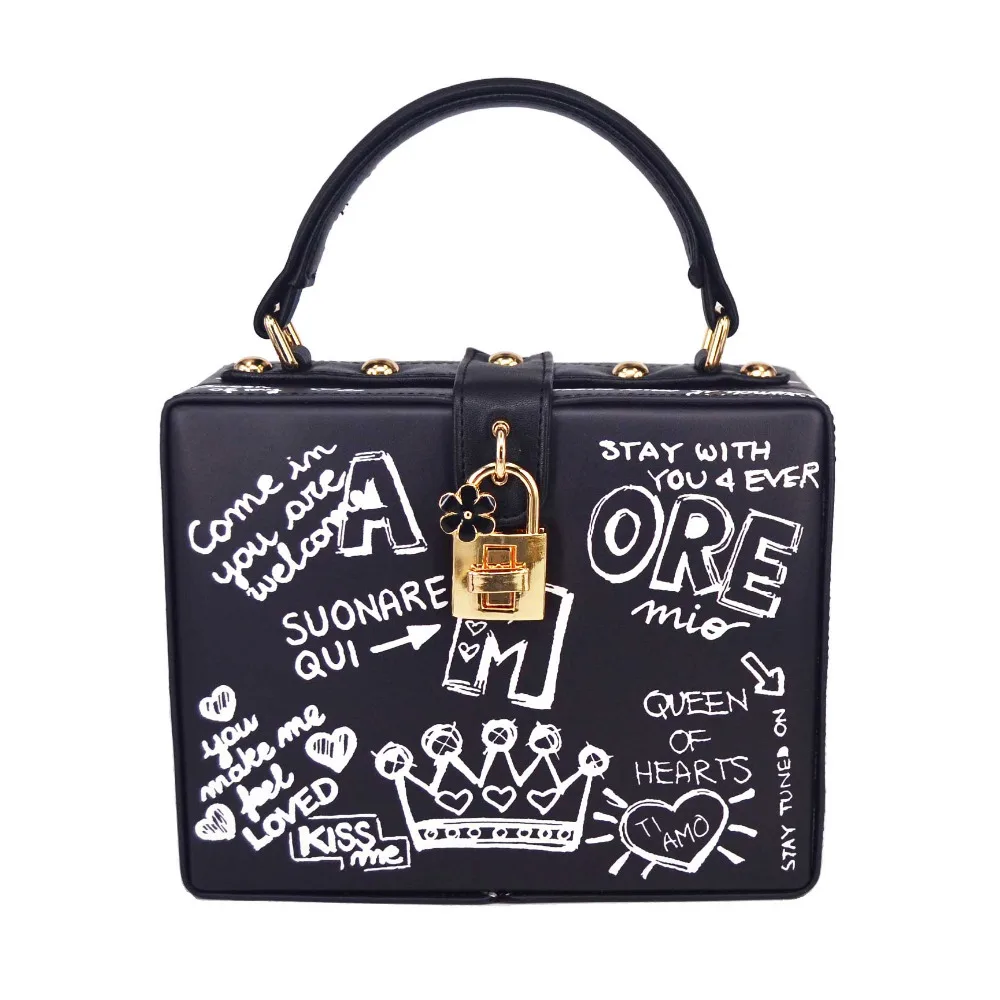 Black Pu White Letters Box Shape lock Designer Women Strap Shoulder Bag