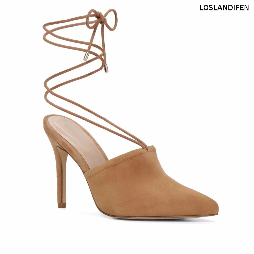 

2018 New Style Women Handmade Pointed-Toe Sling Back Pump Stiletto High Heels Lace-up Shoes CKE140