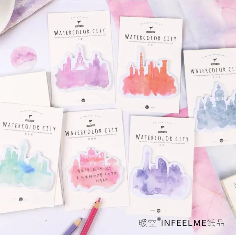 30pages Watercolor City Memo Pads Sticky Notes Diy Paper Notepad Scrapbooking Stickers 194 Office School Stationery Bookmark | Канцтовары