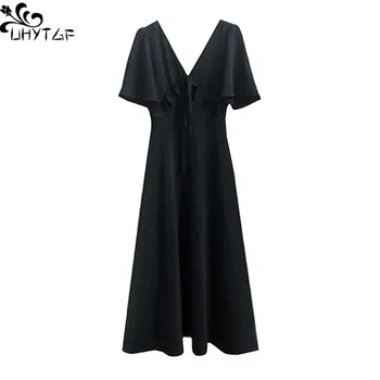 

UHYTGF Casual Summer long Dresses Women's 2018 Plus size Harajuku Chiffon Dress Fashion Backless Vneck Elegant Black Dresses 342