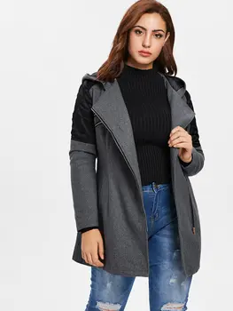 

Wipalo Autumn Winter Plus Size 5XL Hooded Contrast Woolen Coat Casual Wide-Waisted Patchwork Zipper Up Jacket Coat Women Coats