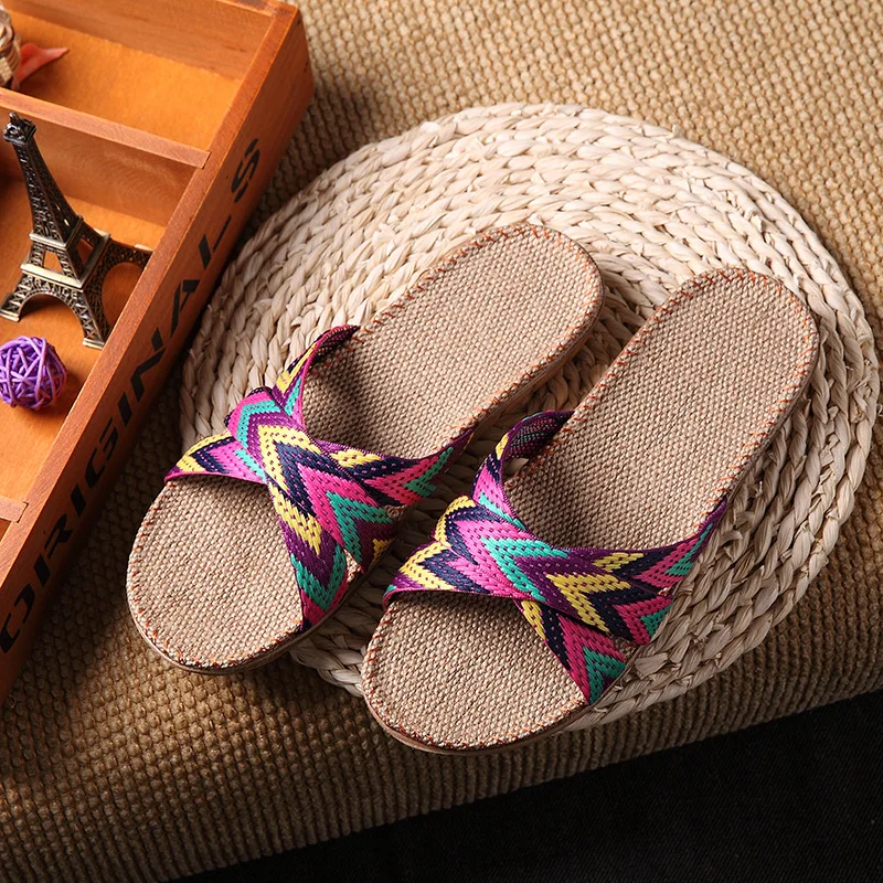 Japan style ultra light household slippers women and men hemp striped slippers