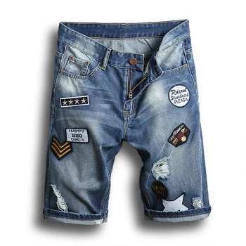 

Casual Hole Jean New 2020 Summer Punk Ripped Jeans Short Men Blue Knee Length