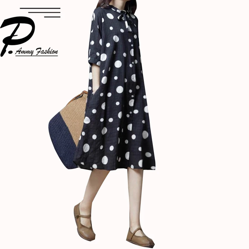 

Dot Korean version Cotton Dress 2018 Women Summer Loose A-Line Dress Short Sleeve Bow Knee-Length Dress Oversized Vestidos