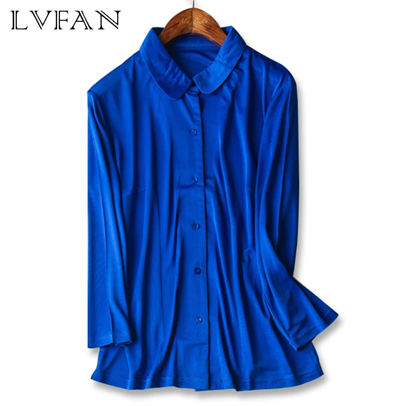 

2019 Women Doll Collar Long Sleeved Pure Nature Silk knitted Top Fashionable Style Shirt Single-Breasted womens blouses
