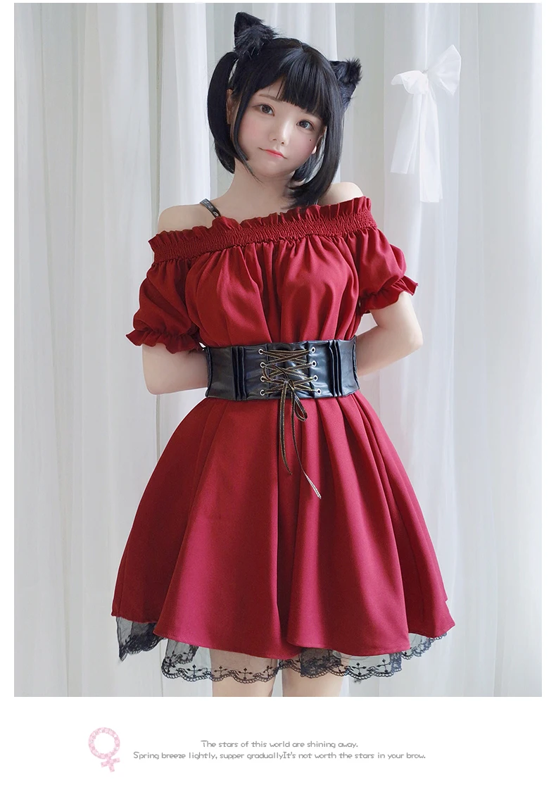Японское готическое платье в стиле Лолиты с высокой талией в стиле ретро милое платье Kawaii с коротким рукавом и оборками с открытыми плечами кружевное женское платье
