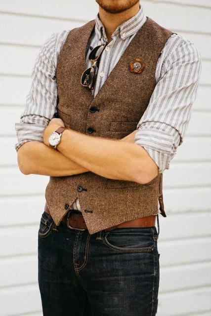 Country Farm Wedding Brown Wool Herringbone Tweed Vests Custom Made Groom Vest Slim Fit Mens