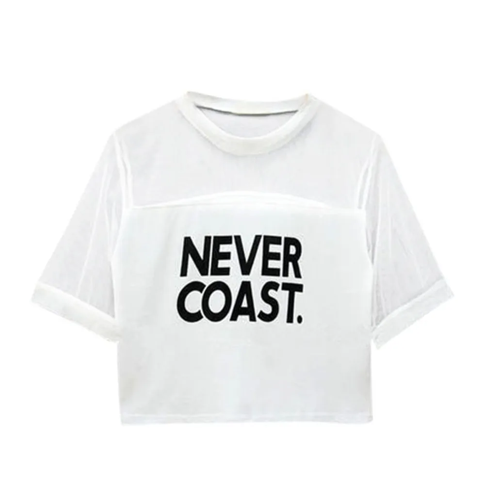 

Sexy Women Girls Loose Crop Top T-Shirt Crew Neck See-through Gauze Tops