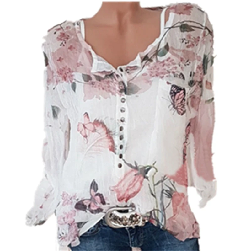 

2019 Summer Casual Polyester Printing Chiffon Shirt Long-sleeved printed shirt V-collar button jacket Street Trendsetters