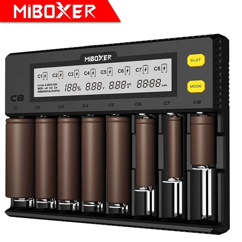 

MiBOXER C8 Battery Charger 8 Slots LCD Display for Li-ion LiFePO4 Ni-MH Ni-Cd AA 21700 20700 26650 18650 17670 RCR123 18700