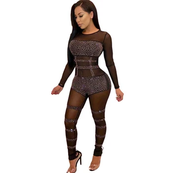 

Women Sexy Mesh See Through Rhinestone Sparkly Jumpsuit Autumn Long Sleeve Sequins Christmas Black Sheer Party Jumpsuits Rompers