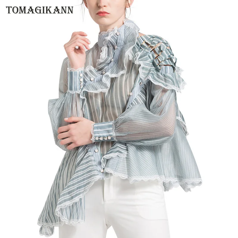 

Organza Sheer Blouses Woman 2019 Striped Ruffle Lace Patchwork Buttons Cross Shirts Turtleneck Blusa Feminina Tops