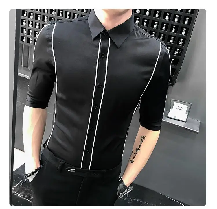 

New Half Sleeve Men Shirt Luxury Summer Solid Color Mens Dress Shirts Camisa Social Masculina White Black Nightclub Man Shirts