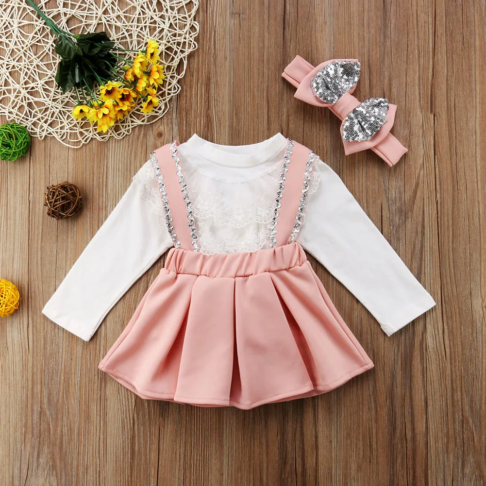 kid Casual Clothing Set Lace Cotton Blend 3Pcs Baby Toddler Girls Kids Overalls Skirt+Headband+Romper Clothes Outfits 1-6Y