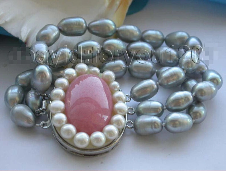 

>8" 3rows Genuine Natural 14mm Gray Rice Pearl Bracelet #f1592!