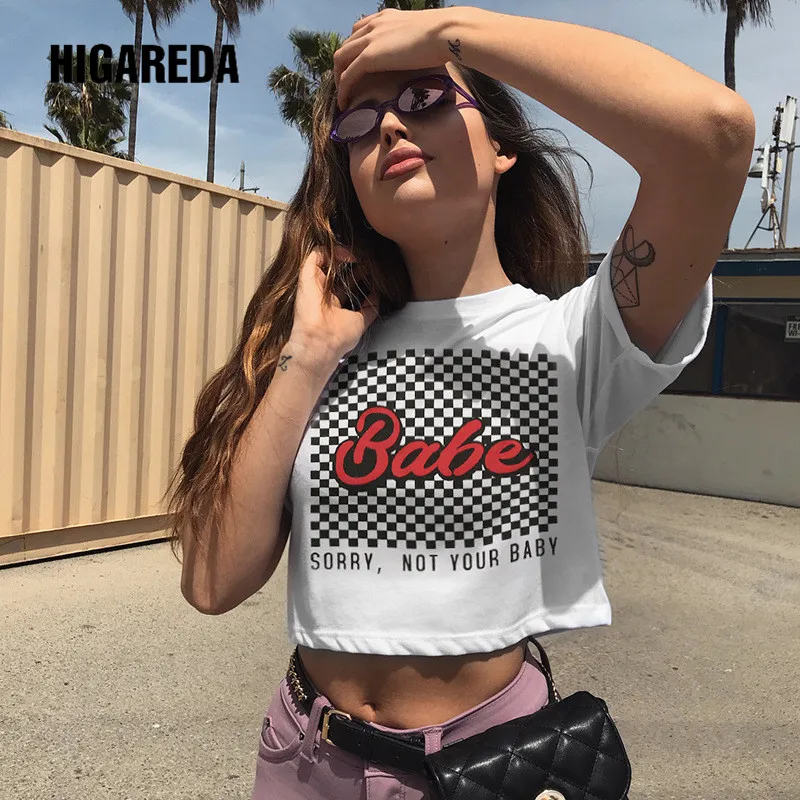 

2019 New Women Summer Checkerboard Letter Print T-shirt Short Sleeve Crop Tops Loose Casual O Neck White Basic T Shirt