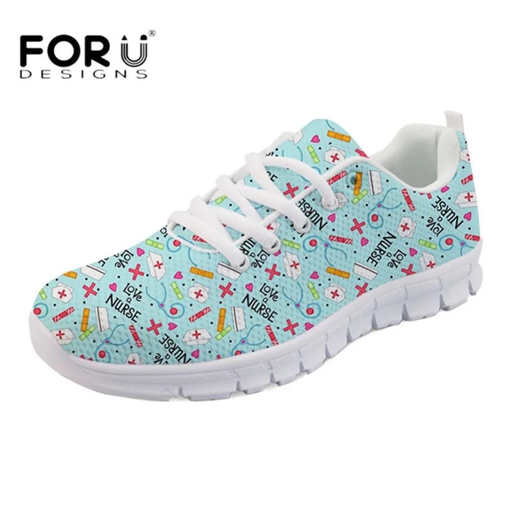 

FORUDESIGNS Cute Cartoon Nurse Medical Print Red Flats for Women Casual Light Lace-up Sneakers Breathable Mesh Flat Shoes Mujer