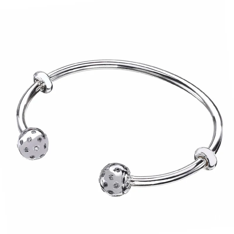 

100% 925 Sterling Silver Bead Charm Bracelet Fit Moments Silver Pandora Open Bangle With Zironia Caps For Women DIY Jewelry