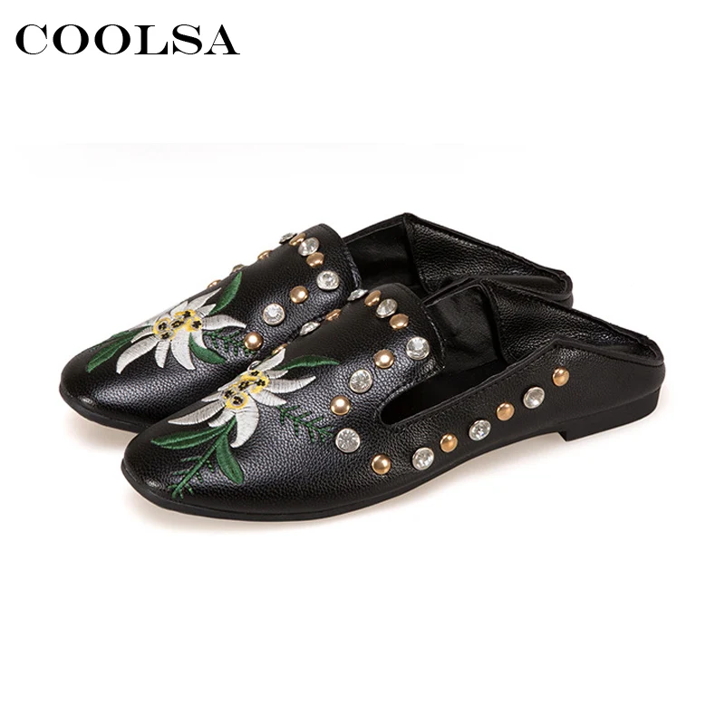 

COOLSA New Summer Women's Slides Mule Embroidery Slippers Flower Rhinestone Slip On Flat Beach Sandals Fashion Woman Mules Shoes