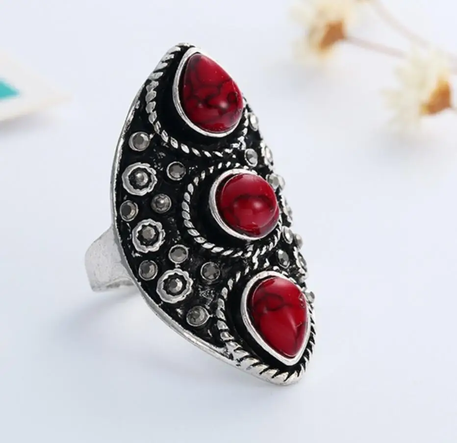 

hot sell new - free shipping Ancient tibet silver rings three stone TURQUOISEs coral hollow finger ring