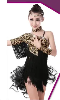 

Girls Leopard Dotted Latin Dance Costumes Children Latin Fringe Dress Sexy Zebra Ballroom Dance Dresses for Kids