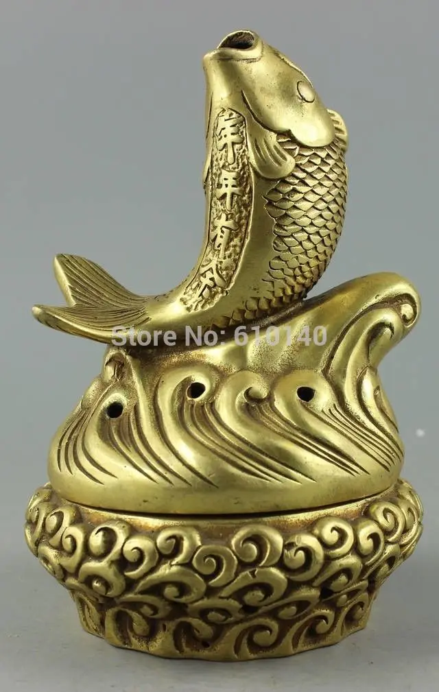 

Collectible Decorated Old Handwork Copper Carve Mid fish & sea Incense Burner