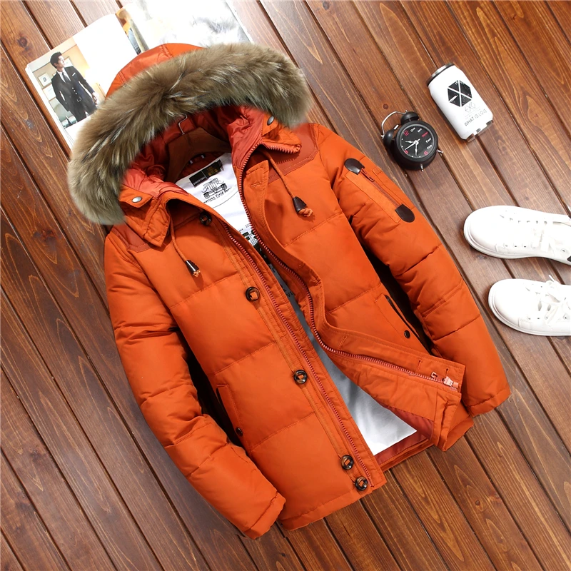 

2018 Men's Winter Keep Warm Coat White Duck Down Solid Color Warm Jacket Fur Collar Plus Size Coat Casual Men's Down Jacket
