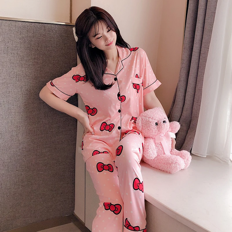 

Women Leisure Wear Leisure Clothes Personality 2019 Summer Autumn Short Sleeved Women Pajamas Sets Long Pant Girls Pyjamas Sets