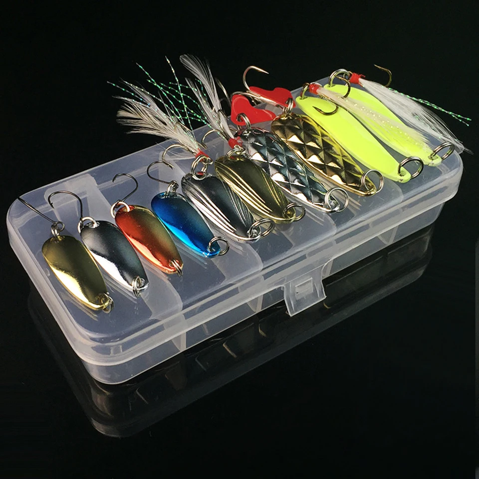 

WALK FISH 10PCS/Box Metal Spoon Fishing Lures Set in Plastic Fishing Tackle Box Spinner Bait Spoon Lure Jig Fishing Accessories