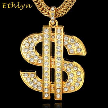 

Ethlyn Rhinestone big dollar pendant Gold Color US money sign Slide necklace pendant Black American hip-hop jewelry P57