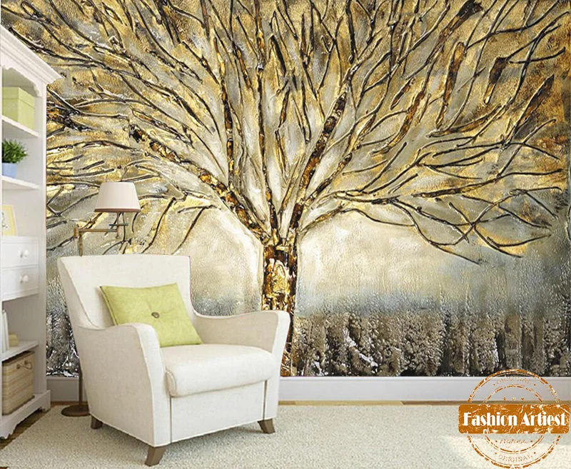 Us 20 99 Custom 3d Hard Metal Wallpaper Mural Embossed Golden Tree Life Painting Office Tv Sofa Mens Bedroom Living Room Cafe Restaurant In