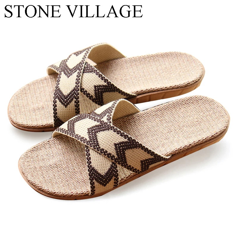 

STONE VILLAGE High Quality New Summer Home Slippers Flax Men Slippers Mixed-Colors Indoor Shoes Lovers Non-Slip House Slippers