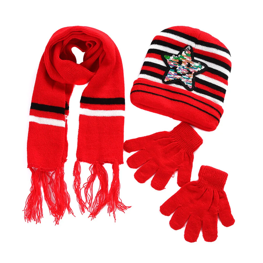 Детская зимняя теплая вязаная Круглая Шапочка шарф перчатки Набор блесток пентаграмма узор 9 LT88 - Цвет: red