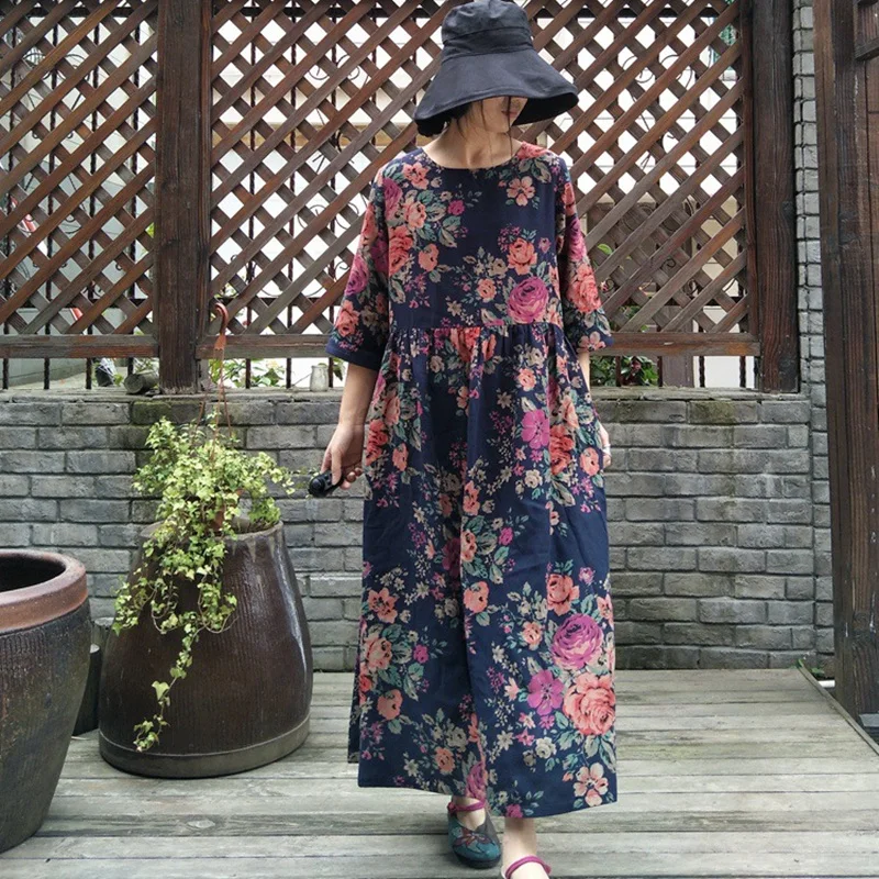

Johnature National Style Vintage Women Print Long Dresses 2019 Spring New Loose Double Cotton Three Quarter Sleeve Dresses