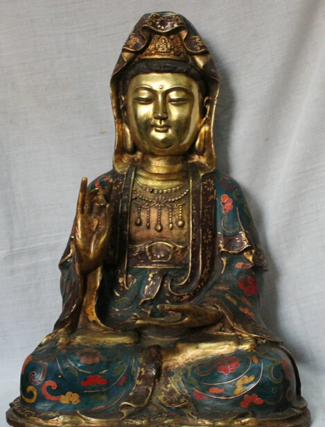 

JP S061 17" Chinese Feng Shui Bronze Gilt Cloisonne Kwan-yin Guan Yin Goddess Statue