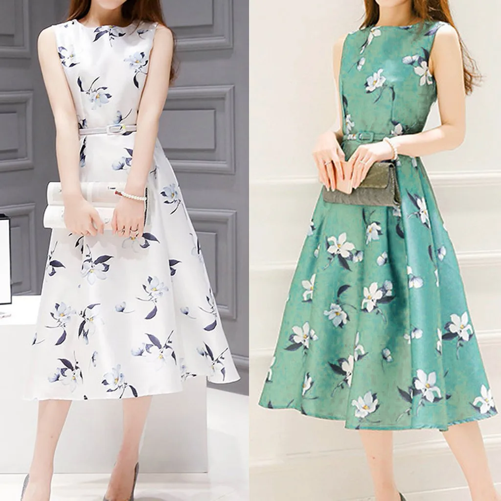 

Women Dress 2019 Summer Fashion Dress Summer Sashes Belt Sleeveless O-Neck Mid-Calf Printing Cute Dress Party Dresses XXXL #20