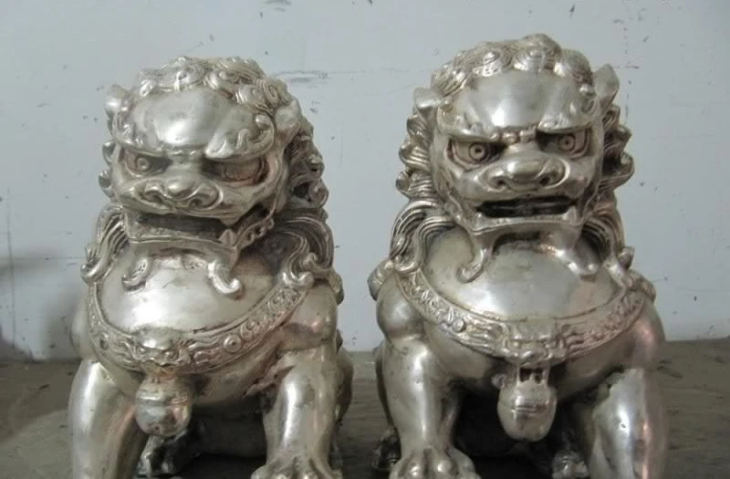

Chinese classical Silver Palace Guardian Evil Door Foo Dog Fu Lion kylin Pair